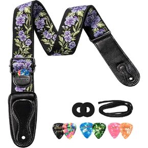 LEKATO Floral Bass Strap, Flower Guitar Strap for Bass Electric Acoustic Guitar 2" Wide with Clip Buckle, Rose Embroidery Woven Guitar Straps with Pick Holder, 2 Blocks, 6 Picks (Red)