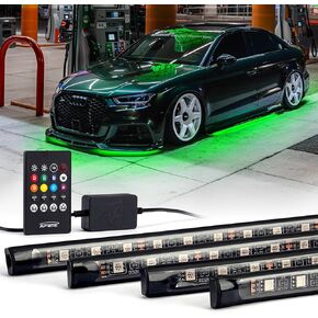 اكسبرايت شريط اضاءة نيون للسيارة باضاءة RGB بـ8 الوان و252 مصباح LED بخاصية الصوت والموسيقى وجهاز تحكم عن بعد لاسلكي للسيارة وسيارات الدفع الرباعي والشاحنات مع سلك تمديد بطول 6 اقدام من 4 قطع