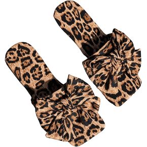 GORGLITTER Women's Bow Sandals Graphic Print Open Square Toe Summer Slide Flat Sandals