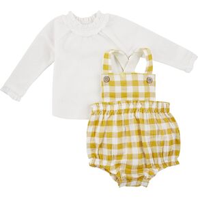 Mud Pie Baby Girl ruffle Check Bubble Set, Mustard, 9-12 Months
