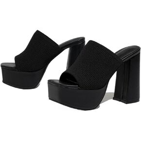 NELSBREXWomen'S Knitted Peep Toe Platform Chunky High Heel Slide Sandals Slip-On Square Open Toe Non-Slip Block High Heeled Backless Sexy Party Dress Mules Slippers for Club Events Prom