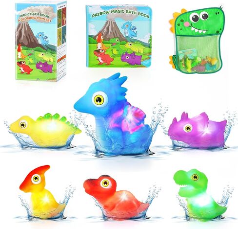 Orzbow Light Up Bath Toys for Kids Toddlers 1-3, No Hole Dinosaur Baby Bath Toys, LED Light Water Toys with Bath Book & Mesh Organizer for Bathtub Bathrooms Pool and Shower, Gift for infant Babies Boy in Saudi Arabia