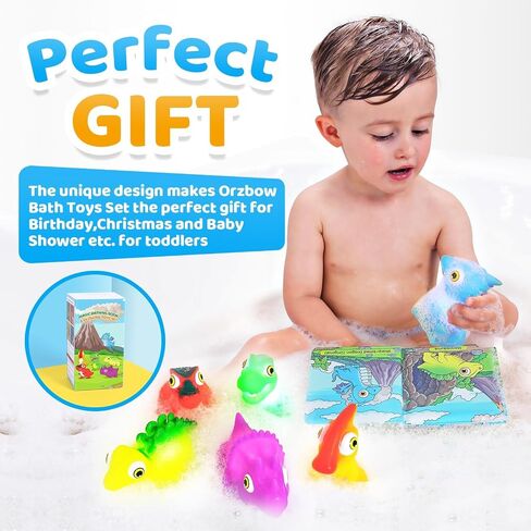 Orzbow Light Up Bath Toys for Kids Toddlers 1-3, No Hole Dinosaur Baby Bath Toys, LED Light Water Toys with Bath Book & Mesh Organizer for Bathtub Bathrooms Pool and Shower, Gift for infant Babies Boy in Saudi Arabia