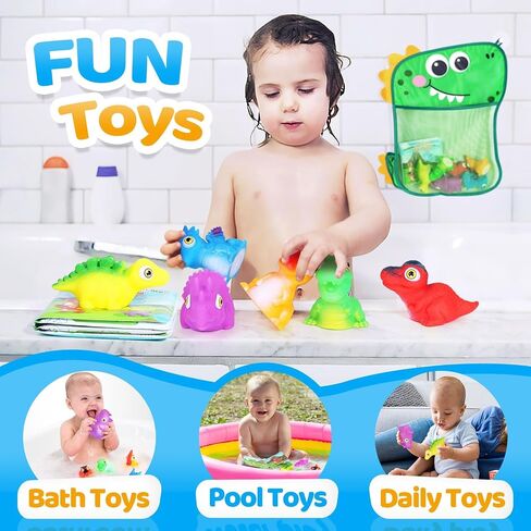 Orzbow Light Up Bath Toys for Kids Toddlers 1-3, No Hole Dinosaur Baby Bath Toys, LED Light Water Toys with Bath Book & Mesh Organizer for Bathtub Bathrooms Pool and Shower, Gift for infant Babies Boy in Saudi Arabia