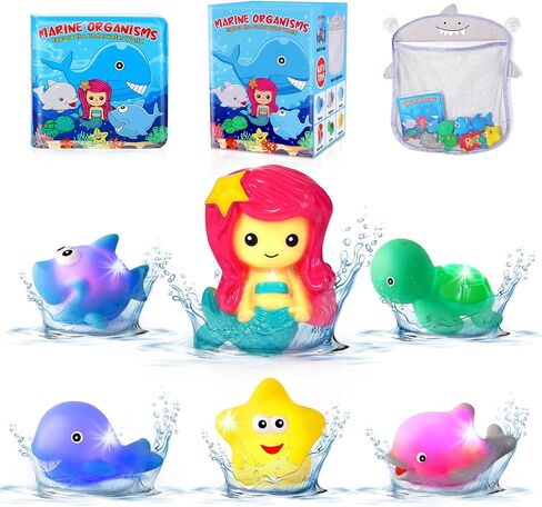 Orzbow Light Up Bath Toys for Kids Toddlers 1-3, No Hole Dinosaur Baby Bath Toys, LED Light Water Toys with Bath Book & Mesh Organizer for Bathtub Bathrooms Pool and Shower, Gift for infant Babies Boy in Saudi Arabia