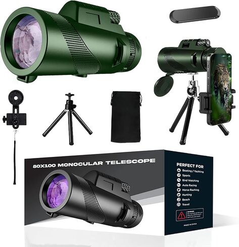 80x100 Monocular-Telescope High Powered -Extra Magnetic Car Phone Holder- Monoculars for Adults High Definition Monocular Telescope for Stargazing Hunting Wildlife Bird Watching Travel Camping (Green) in Saudi Arabia