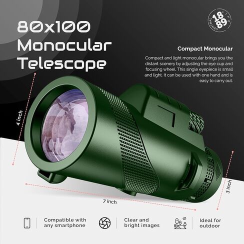 80x100 Monocular-Telescope High Powered -Extra Magnetic Car Phone Holder- Monoculars for Adults High Definition Monocular Telescope for Stargazing Hunting Wildlife Bird Watching Travel Camping (Green) in Saudi Arabia