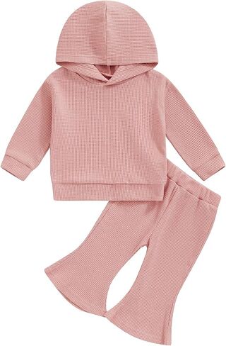 Bowanadacles Toddler Baby Girl Fall Winter Outfit Clothes Hooded Sweatshirt Hoodie Flared Pants Matching Set Suit in Saudi Arabia