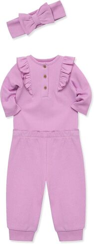 Little Me Simply Essential Solids 100% Organic Clothes for Baby Girls' Bodysuit, Pant, and Headband Set, 3 Months - 12 Months in Saudi Arabia