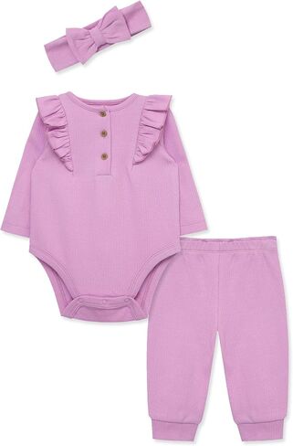 Little Me Simply Essential Solids 100% Organic Clothes for Baby Girls' Bodysuit, Pant, and Headband Set, 3 Months - 12 Months in Saudi Arabia