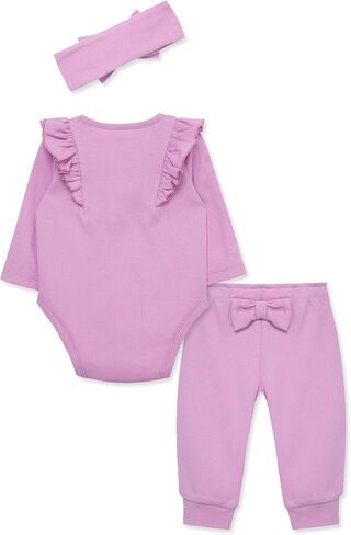 Little Me Simply Essential Solids 100% Organic Clothes for Baby Girls' Bodysuit, Pant, and Headband Set, 3 Months - 12 Months in Saudi Arabia