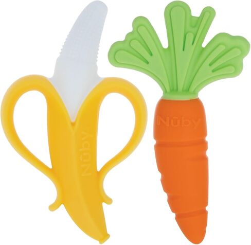 Nuby NanaNubs Banana Massaging Toothbrush and Realistic Silicone Carrot Teether with Massaging Bristles Combo - Gentle on Gums - 3 Months in Kuwait