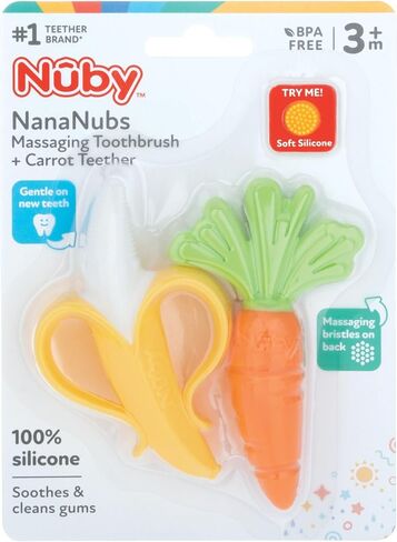 Nuby NanaNubs Banana Massaging Toothbrush and Realistic Silicone Carrot Teether with Massaging Bristles Combo - Gentle on Gums - 3 Months in Kuwait