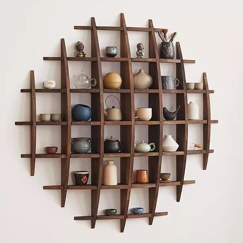 Solid Wood Chinese Tea Cup Holder, Wall Mounted Teapot Display Stand, Wall Decoration Teaware Shelf Storage Rack for Living Room Kitchen Office Commercial (Carbonization Color, 39x39'') in Saudi Arabia