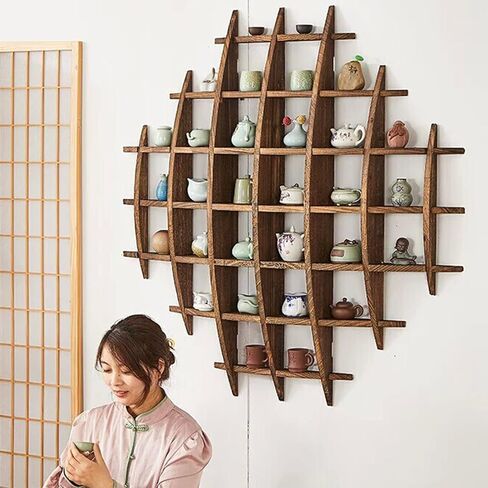 Solid Wood Chinese Tea Cup Holder, Wall Mounted Teapot Display Stand, Wall Decoration Teaware Shelf Storage Rack for Living Room Kitchen Office Commercial (Carbonization Color, 39x39'') in Saudi Arabia