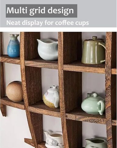 Solid Wood Chinese Tea Cup Holder, Wall Mounted Teapot Display Stand, Wall Decoration Teaware Shelf Storage Rack for Living Room Kitchen Office Commercial (Carbonization Color, 39x39'') in Saudi Arabia