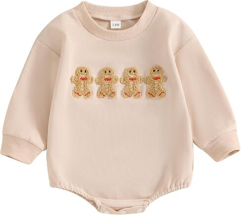 Lesimsam Baby Boy Girl Christmas Outfit Gingerbread Man Embroidery Sweatshirt Romper Oversized Long Sleeve Bubble Romper in Kuwait