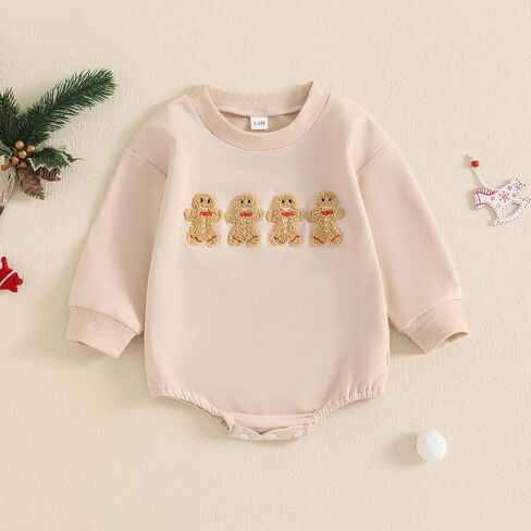 Lesimsam Baby Boy Girl Christmas Outfit Gingerbread Man Embroidery Sweatshirt Romper Oversized Long Sleeve Bubble Romper in Kuwait