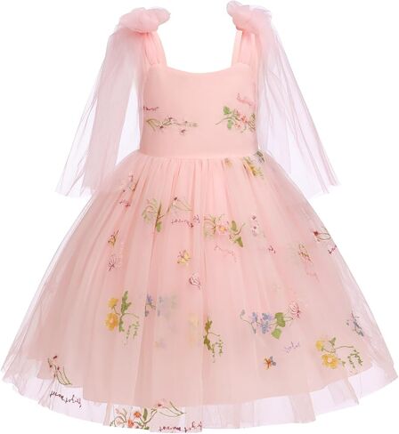 Baby Girls Birthday Party Dress Sleeveless Bowknot Straps Floral Embroidered Tulle Tutu Baby Flower Girl Dress in Saudi Arabia