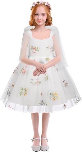 Baby Girls Birthday Party Dress Sleeveless Bowknot Straps Floral Embroidered Tulle Tutu Baby Flower Girl Dress in Saudi Arabia