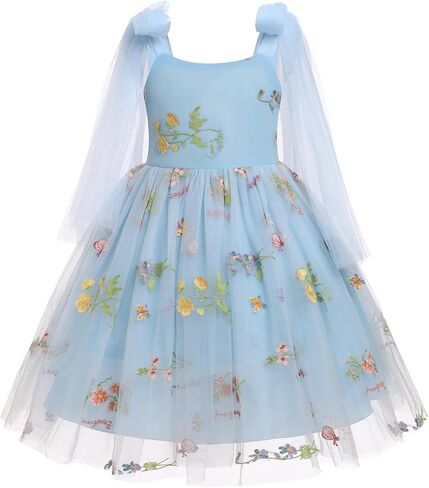Baby Girls Birthday Party Dress Sleeveless Bowknot Straps Floral Embroidered Tulle Tutu Baby Flower Girl Dress in Saudi Arabia