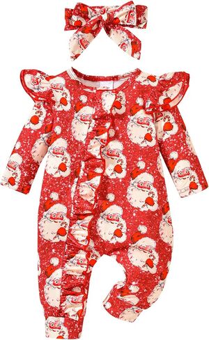 Infant Baby Girl Christmas Outfit Santa Cookie Print Ruffle Long Sleeve Romper Jumpsuit One Piece Clothes Headband in Saudi Arabia