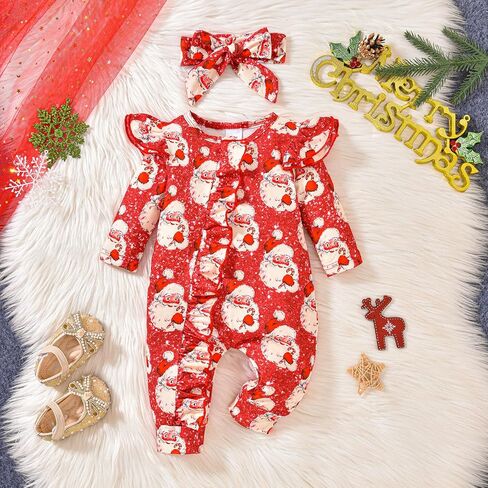 Infant Baby Girl Christmas Outfit Santa Cookie Print Ruffle Long Sleeve Romper Jumpsuit One Piece Clothes Headband in Saudi Arabia