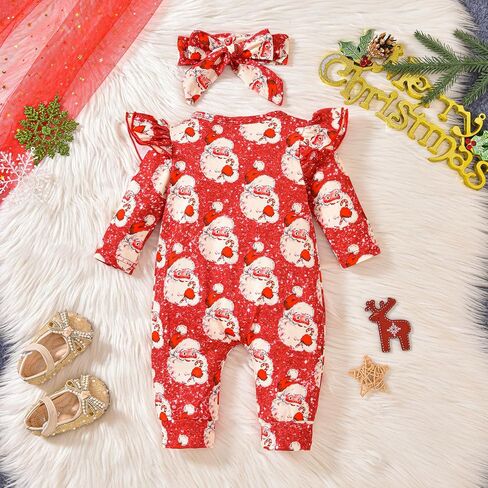 Infant Baby Girl Christmas Outfit Santa Cookie Print Ruffle Long Sleeve Romper Jumpsuit One Piece Clothes Headband in Saudi Arabia