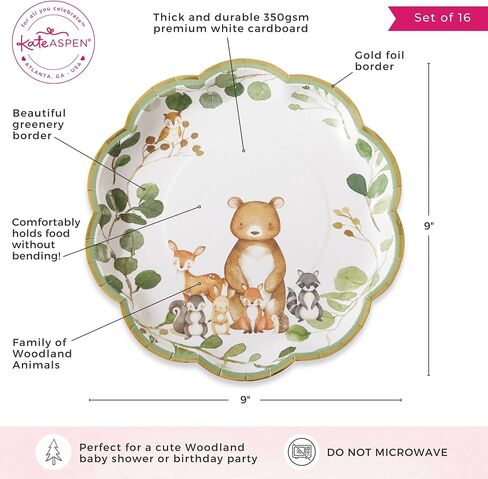 Kate Aspen Woodland Baby 9 in. Premium Decorative Paper Plates (350 GSM weight -Set of 16) | Party Supplies - Pink (28583NA) in Kuwait