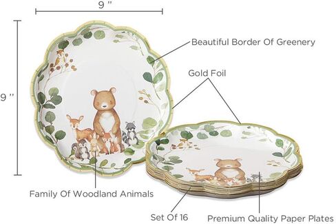 Kate Aspen Woodland Baby 9 in. Premium Decorative Paper Plates (350 GSM weight -Set of 16) | Party Supplies - Pink (28583NA) in Kuwait