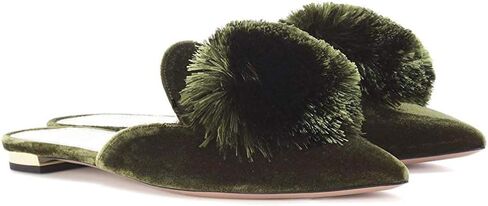 Divanne Mules for Women, Puff Pompom-Embellished Slip On Loafers Backless Pointed Toe Satin Mule Slides in Saudi Arabia