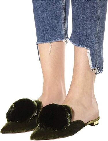 Divanne Mules for Women, Puff Pompom-Embellished Slip On Loafers Backless Pointed Toe Satin Mule Slides in Saudi Arabia