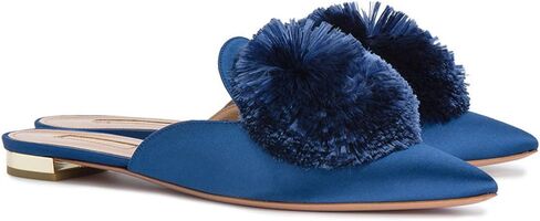 Divanne Mules for Women, Puff Pompom-Embellished Slip On Loafers Backless Pointed Toe Satin Mule Slides in Saudi Arabia