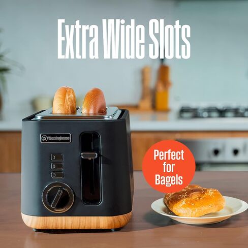 Westinghouse Scandinavian Design 4-Slice Toaster w/Wide Slots, Removable Crumb Tray, 6 Browning Levels, & Bagel/Reheat/Defrost Options - For Bread, Bagels, & Waffles - Black w/Wood Finish, 4-Slice in Saudi Arabia