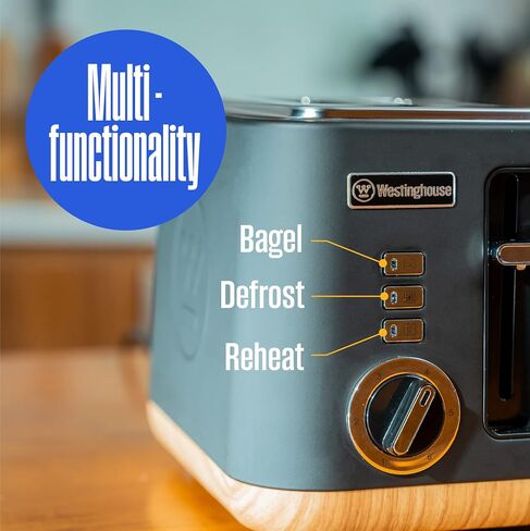 Westinghouse Scandinavian Design 4-Slice Toaster w/Wide Slots, Removable Crumb Tray, 6 Browning Levels, & Bagel/Reheat/Defrost Options - For Bread, Bagels, & Waffles - Black w/Wood Finish, 4-Slice in Saudi Arabia