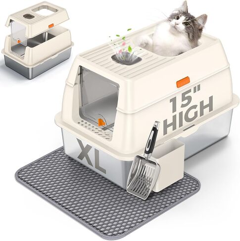 STARKMAN Enclosed Stainless Steel Cat Litter Box with Lid, Extra Large Side Entry Litter Box for Big Cats, with High Sides for Multiple Big Cats, Metal Cat Litter Box Never Absorbs Odors (White) in Saudi Arabia
