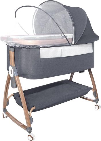 Baby Bedside Bassinet, Baby Bassinet for Newborn, Bedside Crib Sleeper with Storage Basket and 4 Auto-Lock Wheels, Adjustable Height Bassinet Bedside Sleeper for Baby (Navy Blue) in Saudi Arabia