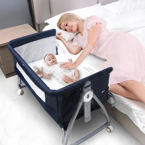 Baby Bedside Bassinet, Baby Bassinet for Newborn, Bedside Crib Sleeper with Storage Basket and 4 Auto-Lock Wheels, Adjustable Height Bassinet Bedside Sleeper for Baby (Navy Blue) in Saudi Arabia