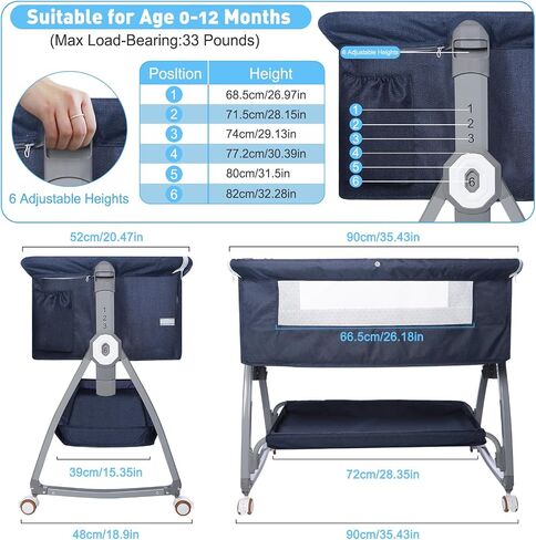 Baby Bedside Bassinet, Baby Bassinet for Newborn, Bedside Crib Sleeper with Storage Basket and 4 Auto-Lock Wheels, Adjustable Height Bassinet Bedside Sleeper for Baby (Navy Blue) in Saudi Arabia