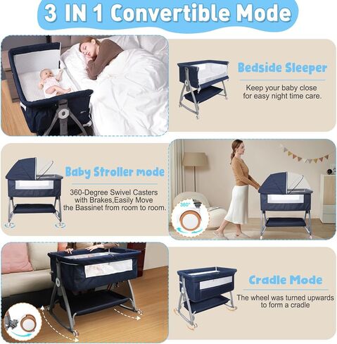 Baby Bedside Bassinet, Baby Bassinet for Newborn, Bedside Crib Sleeper with Storage Basket and 4 Auto-Lock Wheels, Adjustable Height Bassinet Bedside Sleeper for Baby (Navy Blue) in Saudi Arabia