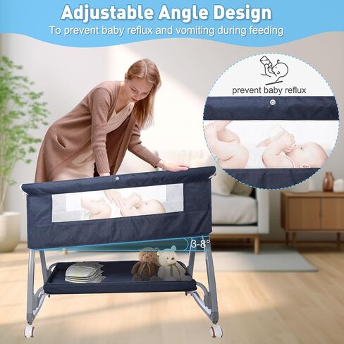 Baby Bedside Bassinet, Baby Bassinet for Newborn, Bedside Crib Sleeper with Storage Basket and 4 Auto-Lock Wheels, Adjustable Height Bassinet Bedside Sleeper for Baby (Navy Blue) in Saudi Arabia