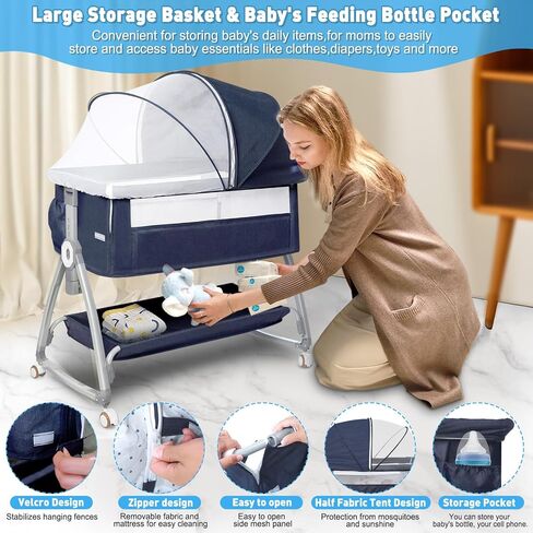 Baby Bedside Bassinet, Baby Bassinet for Newborn, Bedside Crib Sleeper with Storage Basket and 4 Auto-Lock Wheels, Adjustable Height Bassinet Bedside Sleeper for Baby (Navy Blue) in Saudi Arabia