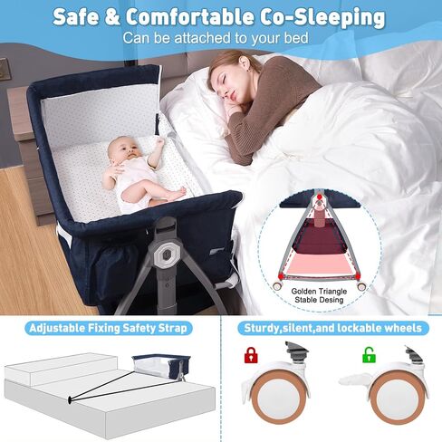 Baby Bedside Bassinet, Baby Bassinet for Newborn, Bedside Crib Sleeper with Storage Basket and 4 Auto-Lock Wheels, Adjustable Height Bassinet Bedside Sleeper for Baby (Navy Blue) in Saudi Arabia