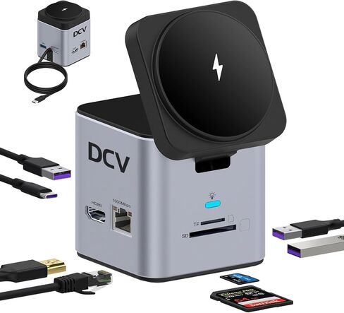 محطة إرساء الكمبيوتر المحمول DCV مع شحن لاسلكي MagSafe، محول USB C متعدد المنافذ 9 في 1 مع HDMI، شبكة LAN بسرعة 1000 ميجابت في الثانية، 3 USB 3.0، SD/TF، ​​قاعدة USB C متوافقة مع iPhone 15/Mac/Dell/HP، رمادي داكن in Kuwait