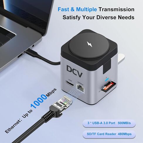 محطة إرساء الكمبيوتر المحمول DCV مع شحن لاسلكي MagSafe، محول USB C متعدد المنافذ 9 في 1 مع HDMI، شبكة LAN بسرعة 1000 ميجابت في الثانية، 3 USB 3.0، SD/TF، ​​قاعدة USB C متوافقة مع iPhone 15/Mac/Dell/HP، رمادي داكن in Kuwait