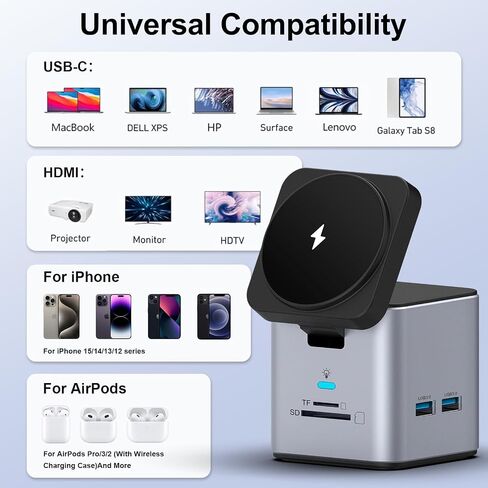 محطة إرساء الكمبيوتر المحمول DCV مع شحن لاسلكي MagSafe، محول USB C متعدد المنافذ 9 في 1 مع HDMI، شبكة LAN بسرعة 1000 ميجابت في الثانية، 3 USB 3.0، SD/TF، ​​قاعدة USB C متوافقة مع iPhone 15/Mac/Dell/HP، رمادي داكن in Kuwait