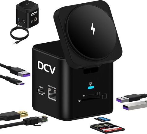 محطة إرساء الكمبيوتر المحمول DCV مع شحن لاسلكي MagSafe، محول USB C متعدد المنافذ 9 في 1 مع HDMI، شبكة LAN بسرعة 1000 ميجابت في الثانية، 3 USB 3.0، SD/TF، ​​قاعدة USB C متوافقة مع iPhone 15/Mac/Dell/HP، رمادي داكن in Kuwait