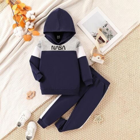 2-6T Toddler Baby Boy Clothes Long Sleeve Hooded Pullover Colorblock Sweatshirt + Pants 2pcs Fall Winter Outfit Set in Saudi Arabia