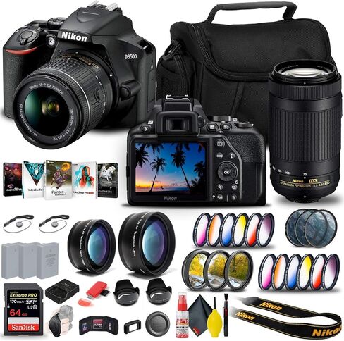 كاميرا Nikon D3500 DSLR مع عدسات 18-55 مم و70-300 مم (1588) + بطاقة ExtremePro سعة 64 جيجابايت + 2 بطارية EN-EL14a + برنامج Corel للصور + حافظة + عدسة Telephoto + المزيد - الطراز العالمي (متجدد) in Saudi Arabia