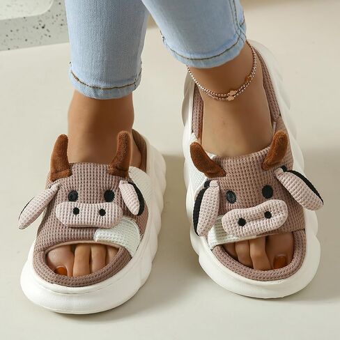 Fuzzy Cow Slippers for Women, Soft Animal House Slippers in Kuwait